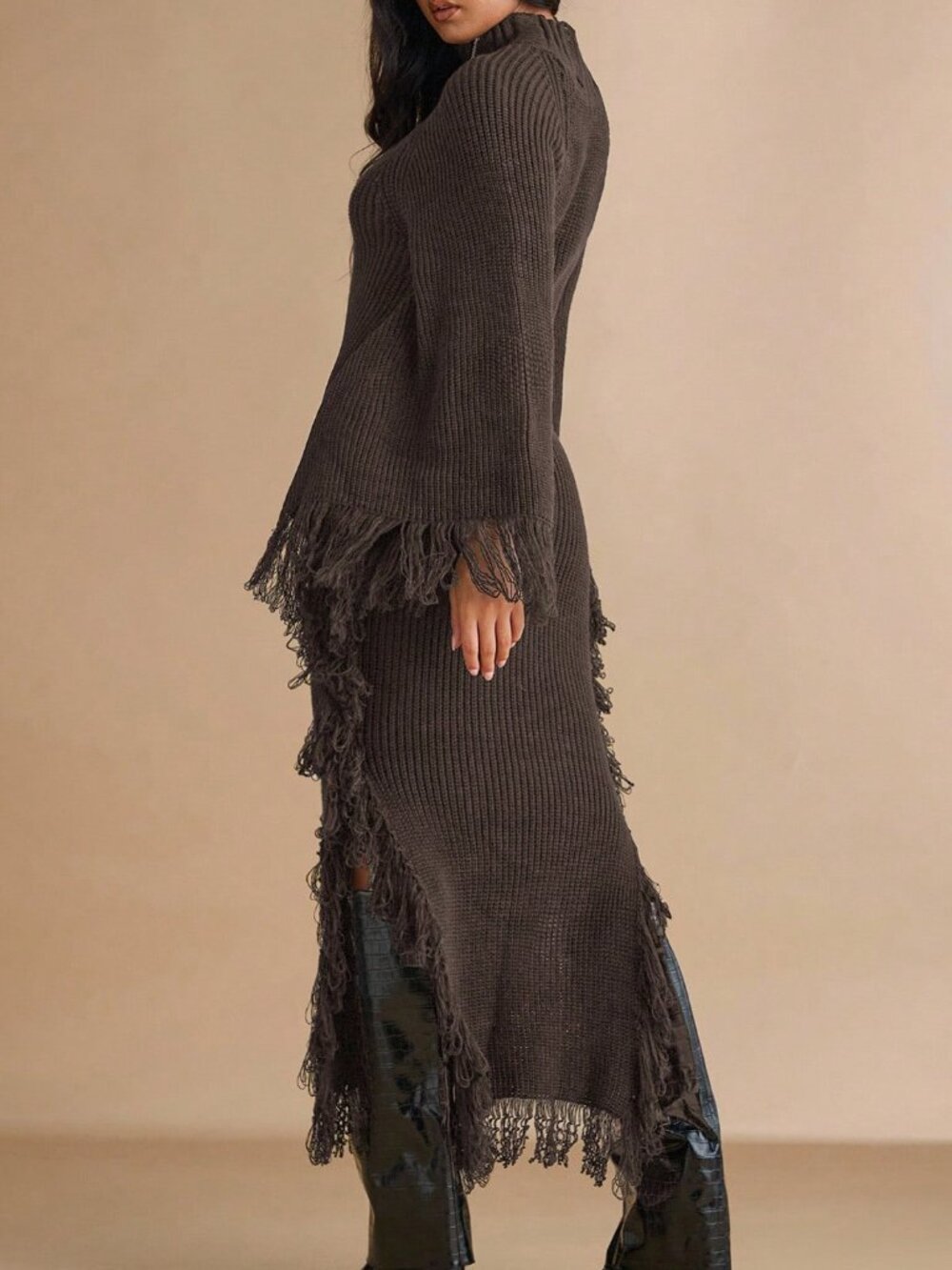Coffee Brown Casual Women's Stand Collar Fringe Decor Side Slit Dress - Picture 2 of 6